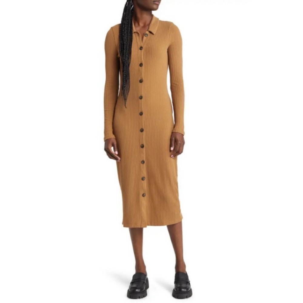 Madewell Fitted Ribbed Button-Up Sweater Dress Camel Tan Large NWT Retail $110 - Picture 3 of 15
